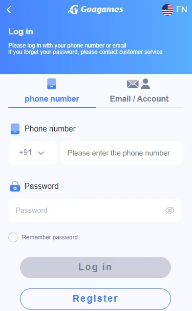 Goa games login page